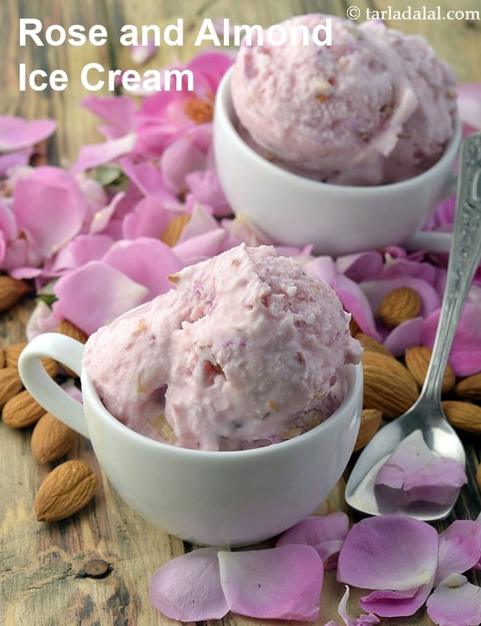 Rose and almond ice cream recipe | rose with roasted almond ice cream | homemade rose ice cream | Indian almond rose ice cream | | Tarla Dalal