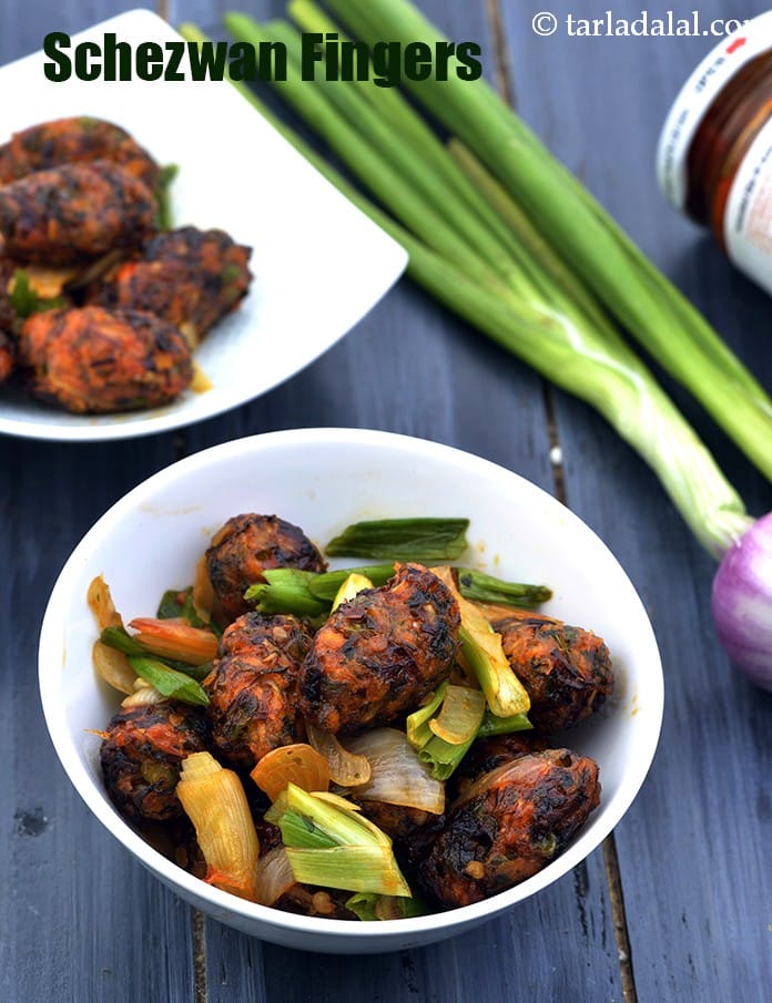 Schezwan Fingers, Schezwan Vegetable  Fingers | Tarla Dalal
