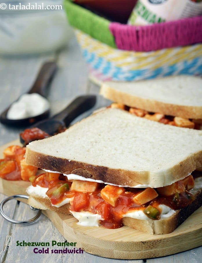 Schezwan Paneer Cold Sandwich | Tarla Dalal