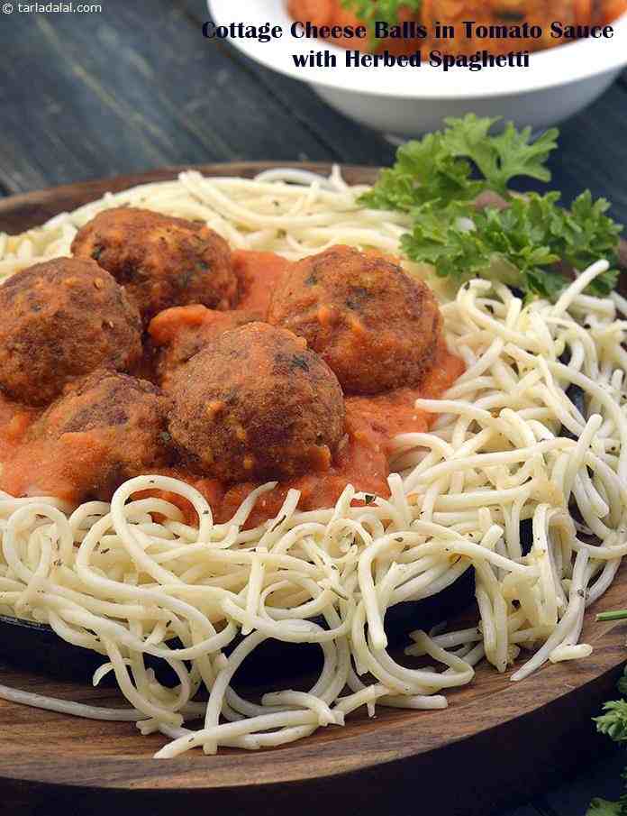 Cottage Cheese Balls in Tomato Sauce with Herbed Spaghetti | Tarla Dalal