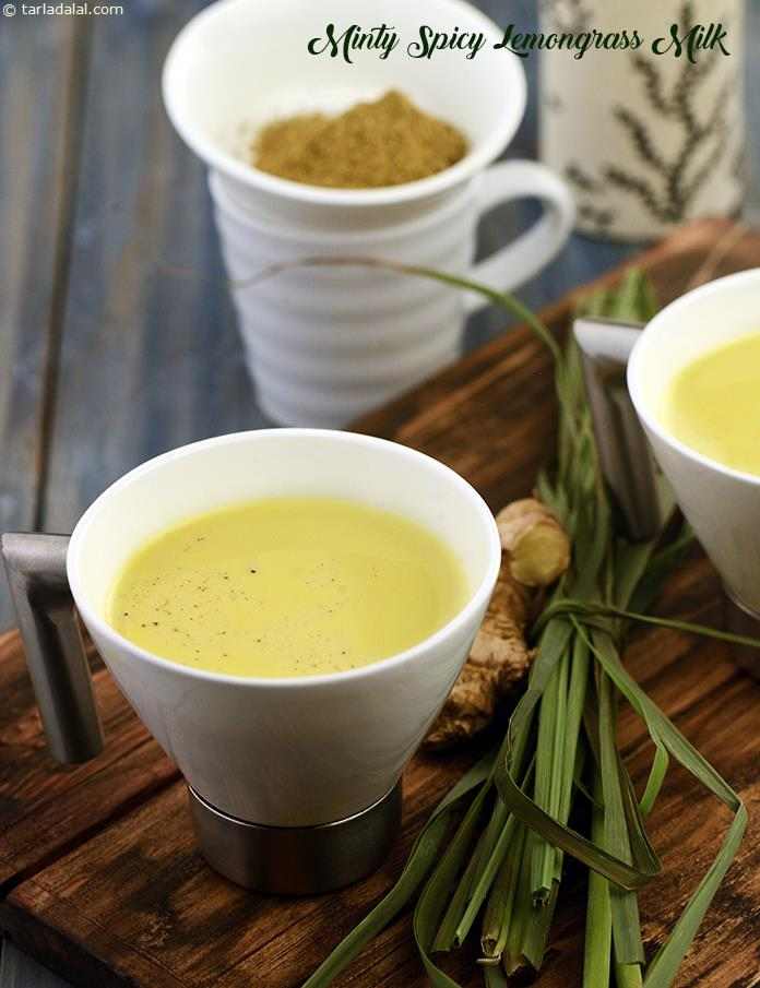 Minty lemongrass milk recipe | lemongrass milk with mint | lemongrass milk for cold | lemongrass ginger turmeric milk | | Tarla Dalal