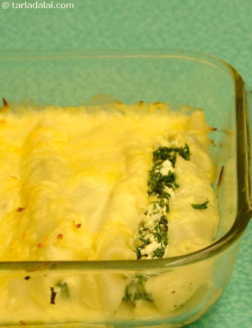 Spinach and Cottage Cheese Canneloni | Tarla Dalal