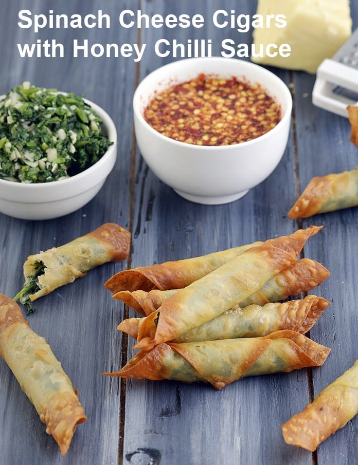 Spinach Cheese Cigars with Honey Chilli Sauce | Tarla Dalal