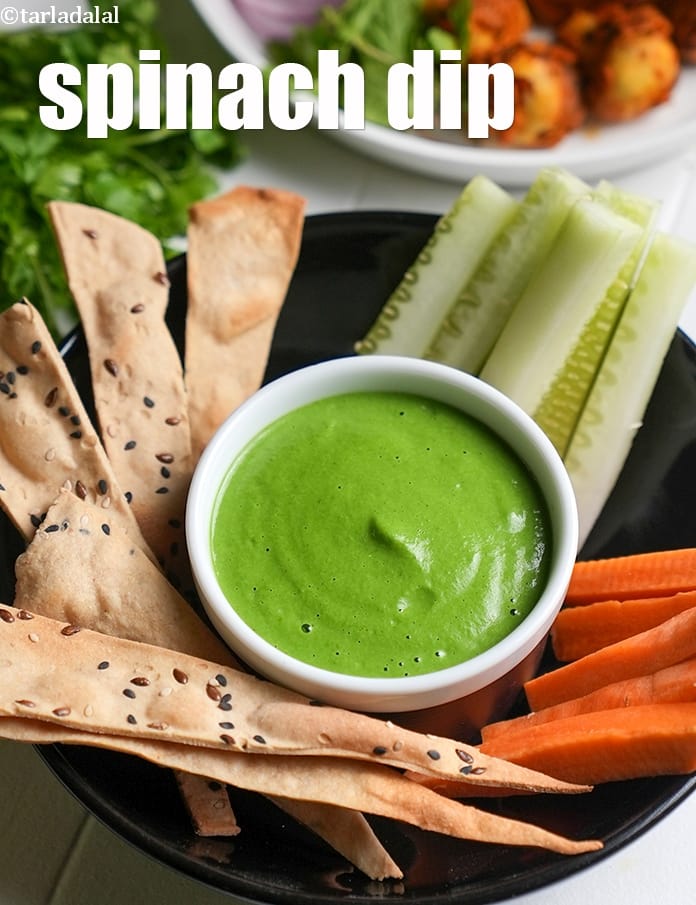 Spinach dip recipe | Indian style spinach dip with whole wheat crackers | healthy palak dip | | Tarla Dalal