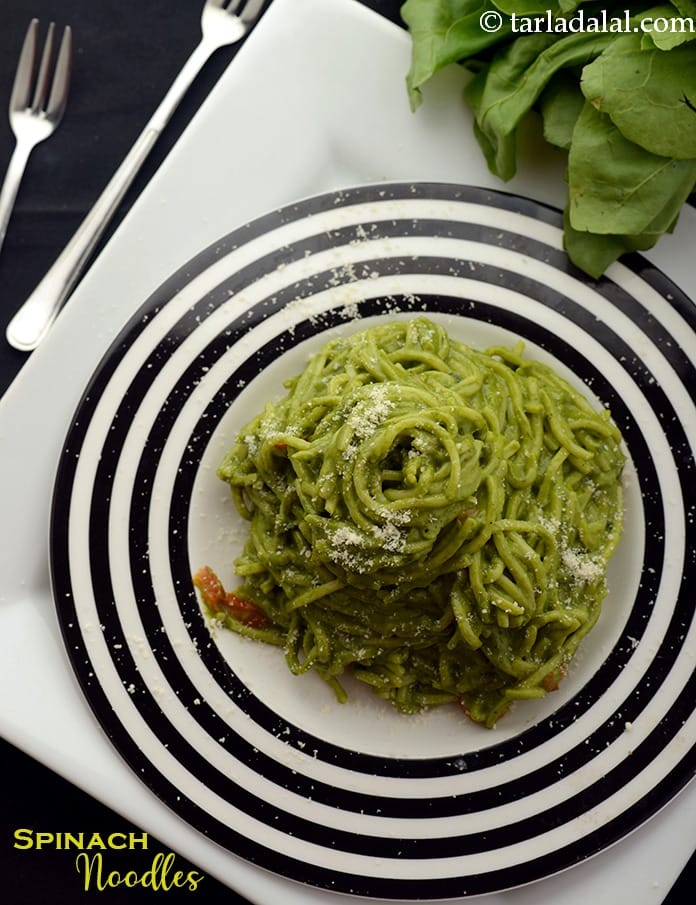 Spinach noodles recipe | Indian style spinach noodles | cheese spinach veg noodles | | Tarla Dalal
