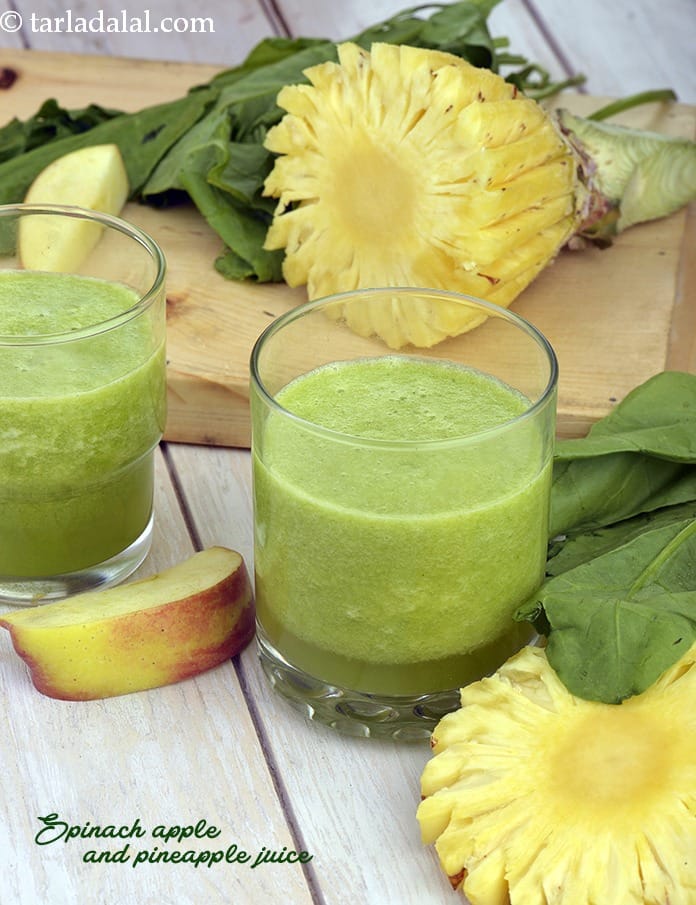 Spinach apple and pineapple juice recipe | healthy pineapple spinach juice | healthy green juice | pineapple spinach celery juice |  | Tarla Dalal