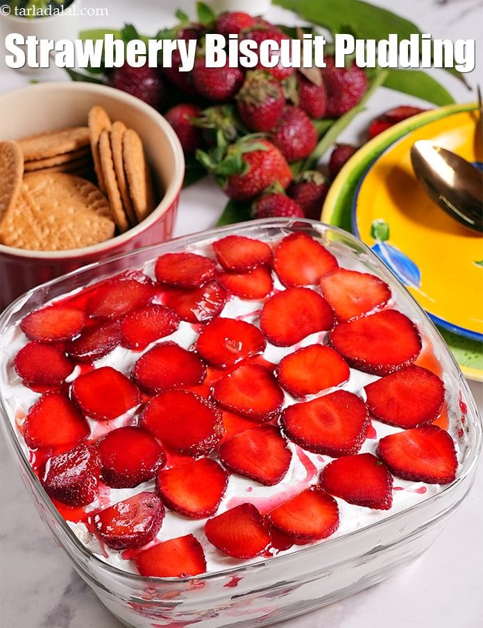 Strawberry Biscuit Pudding Recipe | Tarla Dalal
