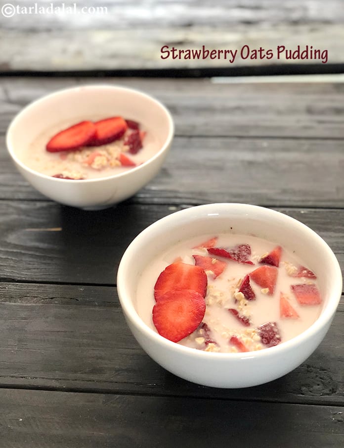 Strawberry oats pudding recipe | healthy oat strawberry pudding | oats strawberry overnight pudding for weight loss | creamy strawberry oats pudding | sugar free pudding | | Tarla Dalal