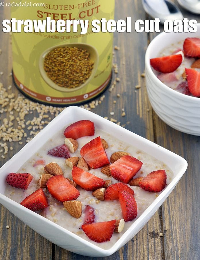 Strawberry steel cut oats | strawberry steel cut oatmeal | healthy vegan strawberry steel cut oatmeal | | Tarla Dalal