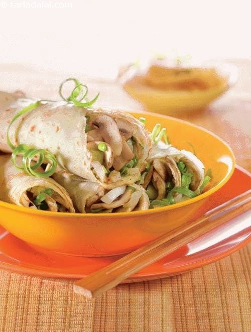 Stuffed Mushroom Pancake (100 Calorie Snacks) | Tarla Dalal