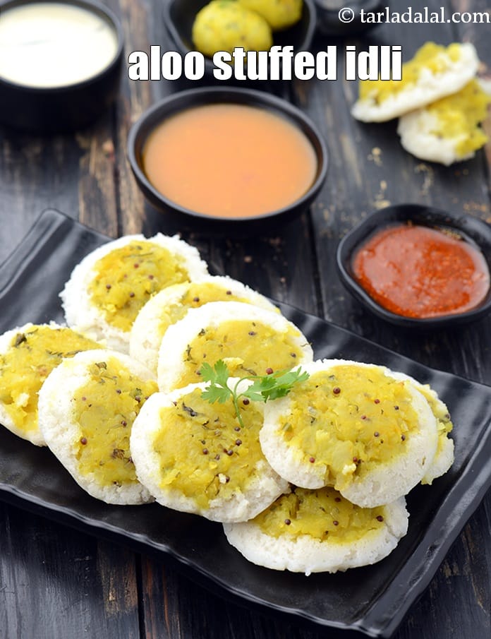 Aloo stuffed idli recipe | Indian style potato stuffed idli | instant aloo masala stuffed idli | South Indian soft veg stuffed idli | | Tarla Dalal