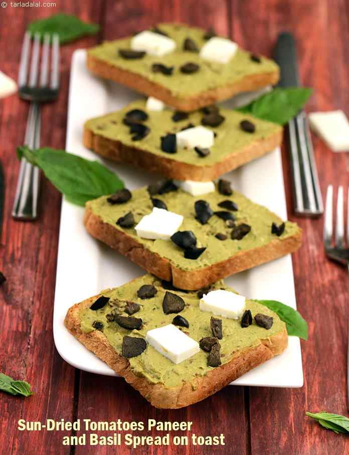 Paneer-Sundried Tomato Bruschetta |  Mediterranean Paneer Toast |  Sun-dried Tomato, Paneer and Basil Spread On Toast | | Tarla Dalal