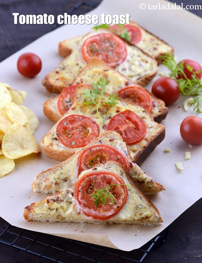 Tomato cheese toast recipe | tomato on toast Indian style | tomato and cheese open sandwich |  | Tarla Dalal