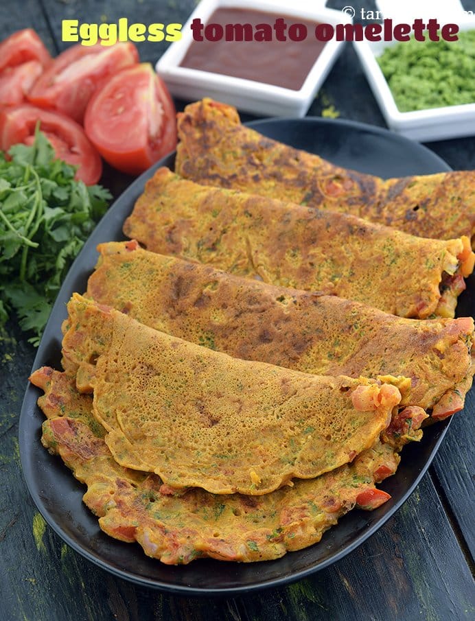 Tomato omelette | eggless tomato omelette | vegetarian tomato omelette | besan ka cheela | Tarla Dalal