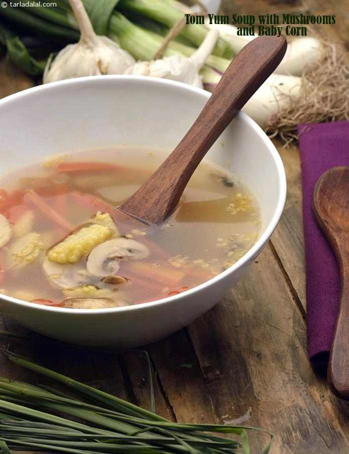 Tom Yum Soup with Mushrooms and Baby Corn | Tarla Dalal