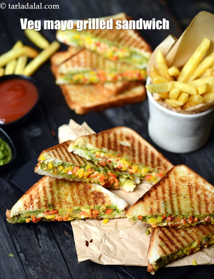 Veg mayo grilled sandwich recipe | Indian mayonnaise sandwich | vegetable mayonnaise grilled sandwich | veg cheese mayonnaise sandwich | | Tarla Dalal