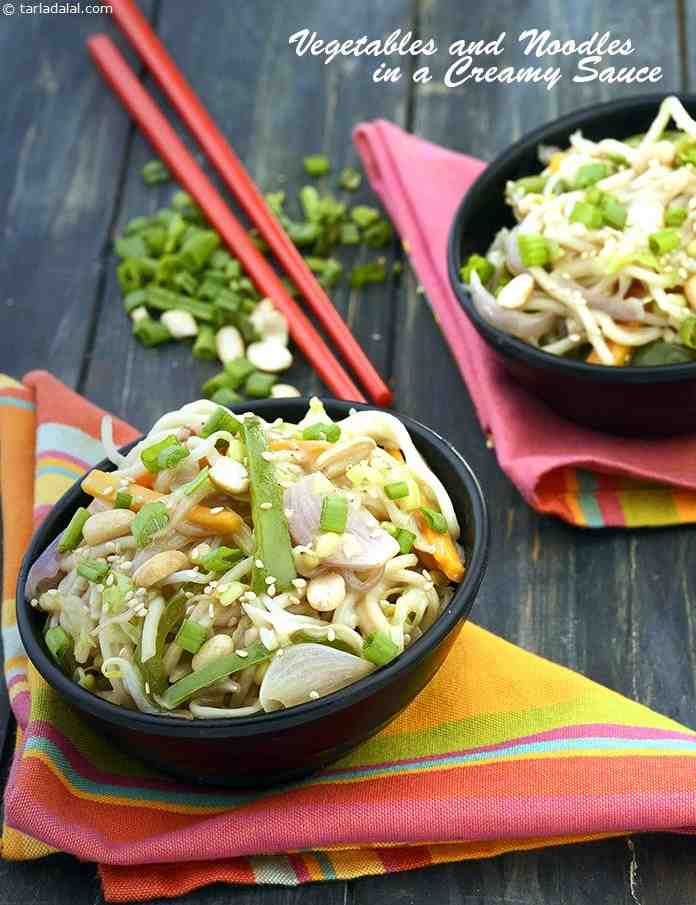 Vegetables and Noodles in A Creamy Sauce | Tarla Dalal