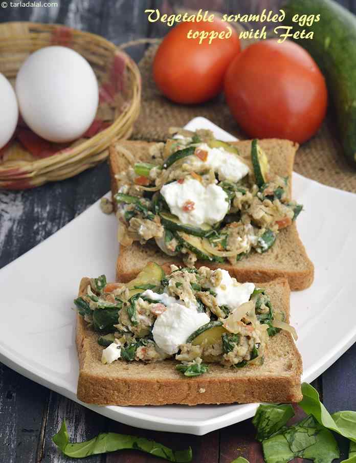 Vegetable Scrambled Eggs Topped with Feta | Tarla Dalal