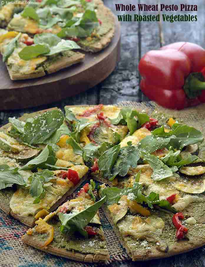 Whole Wheat Pesto Pizza with Roasted Vegetables | Tarla Dalal