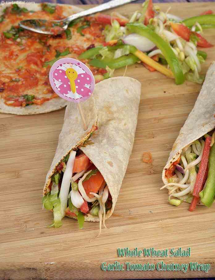 Whole Wheat Salad Garlic Tomato Chutney Wrap | Tarla Dalal