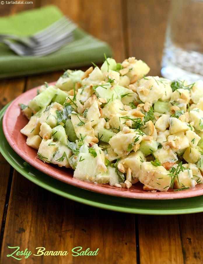 Banana salad recipe | Indian banana mint salad | healthy banana peanut salad with curd dressing | | Tarla Dalal