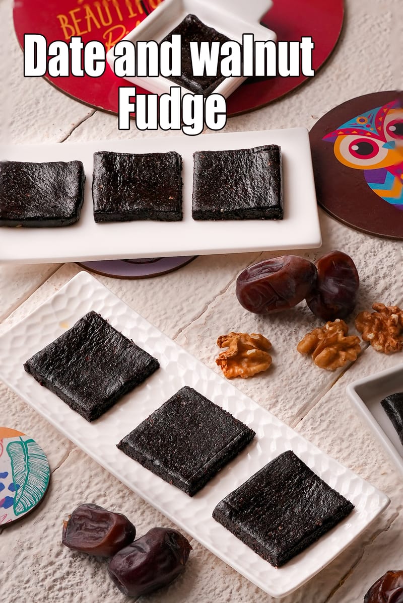 Date and Walnut Fudge recipe | healthy chocolate fudge | dates, cocoa powder and walnut squares | no sugar Indian fudge | | Tarla Dalal