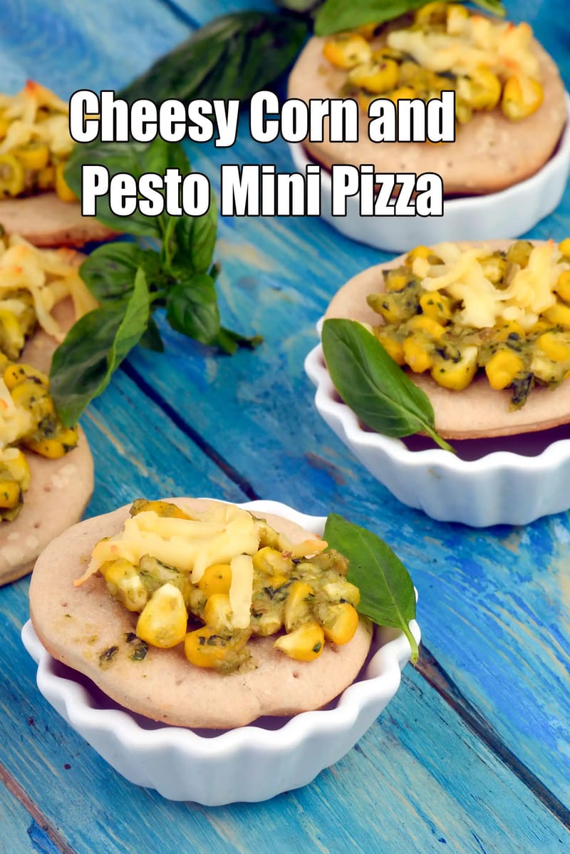 Cheesy Corn and Pesto Mini Pizza recipe |  Indian style Mini Corn and Pesto Pizza |  Corn and Pesto Flatbreads | | Tarla Dalal