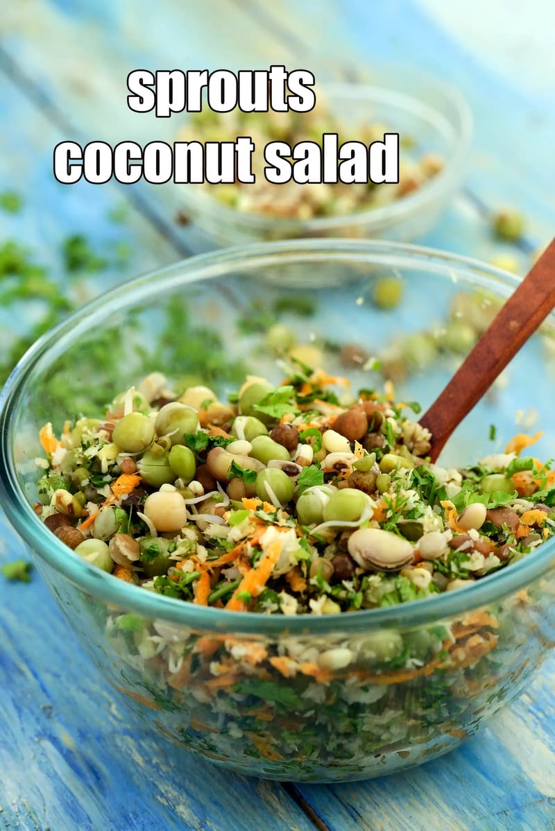 Sprouts coconut salad recipe | sprouts salad with coconut | healthy mixed sprouts salad with coconut | | Tarla Dalal