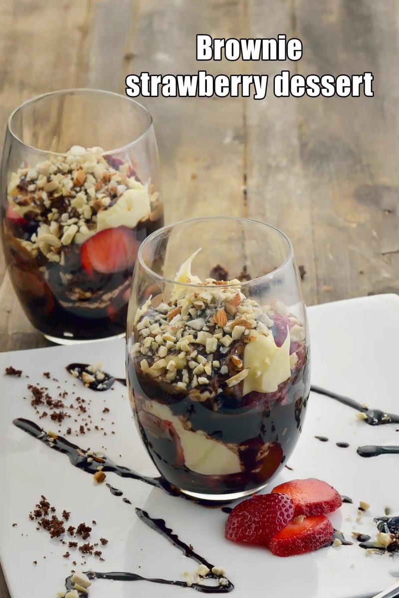 Brownie strawberry dessert recipe | eggless brownie strawberry dessert with custard and chocolate sauce | Indian style | | Tarla Dalal