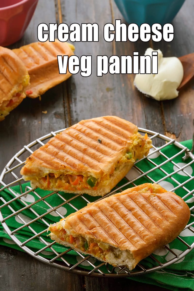 Cream cheese veg panini recipe | cream cheese sandwich | grilled veggie cream cheese panini | Indian style veggie cream cheese sandwich | | Tarla Dalal