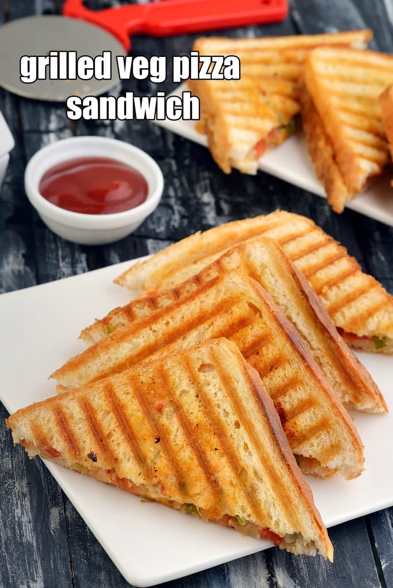 Grilled veg pizza sandwich recipe | Indian style pizza sandwich | quick kids snack | bread pizza sandwich | | Tarla Dalal