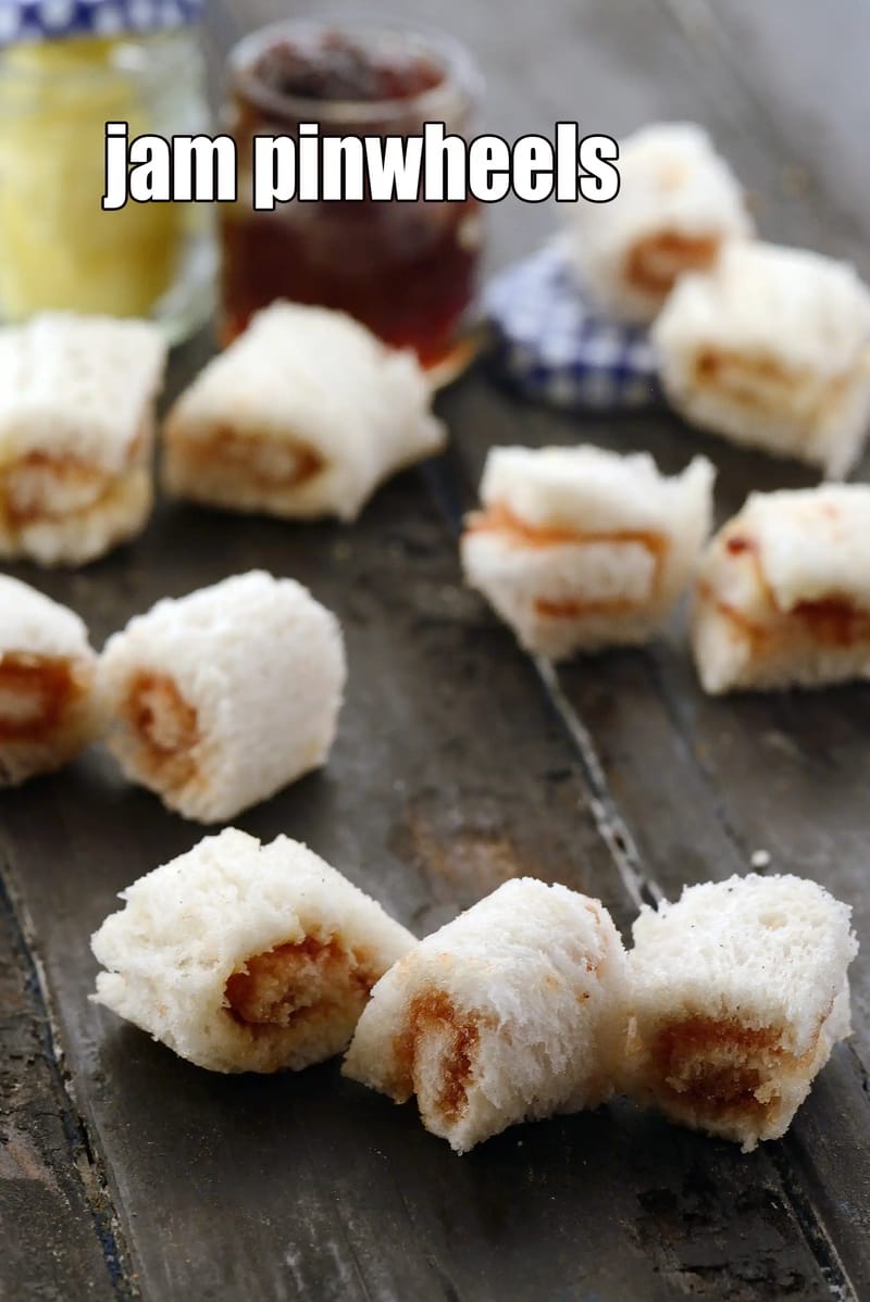 Jam pinwheels recipe | strawberry jam pinwheel sandwich kids snack | Indian sweet pinwheels | how to make jam pinwheels | Tarla Dalal