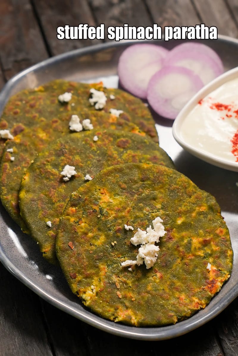 Stuffed spinach paratha | stuffed palak paratha | healthy carrot spinach paneer paratha | tiffin box spinach paratha | | Tarla Dalal