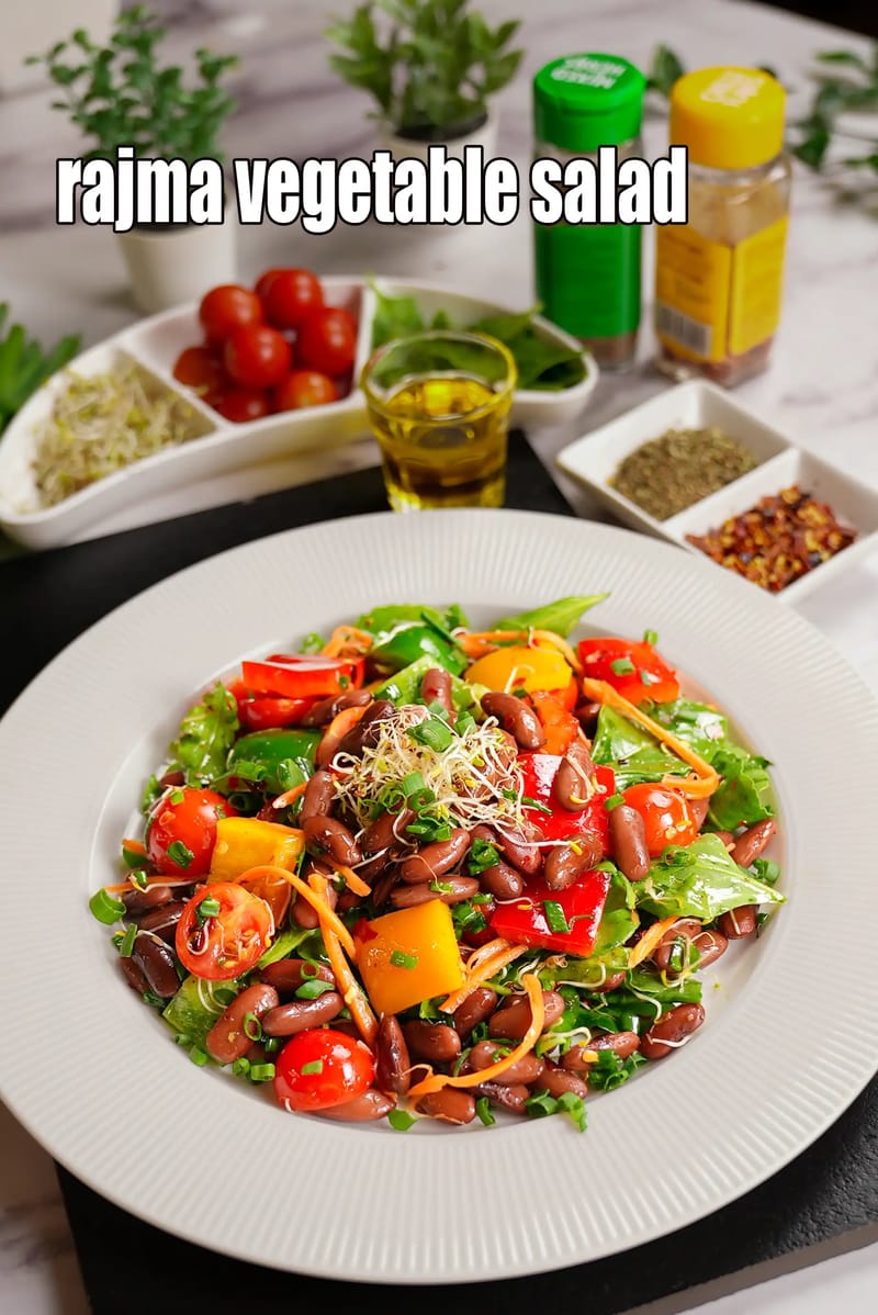 Rajma vegetable salad recipe | healthy kidney beans salad with rocket leaves, baby spinach and tomatoes | Indian rajma lunch salad | | Tarla Dalal