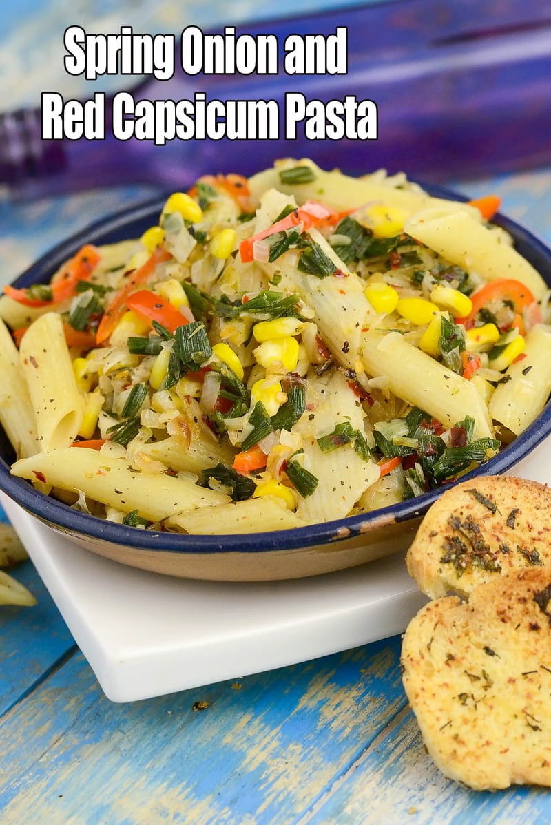 Spring Onion and Red Capsicum Pasta | Vegetarian Capsicum and Onion Pasta | Italian vegetarian pasta | | Tarla Dalal