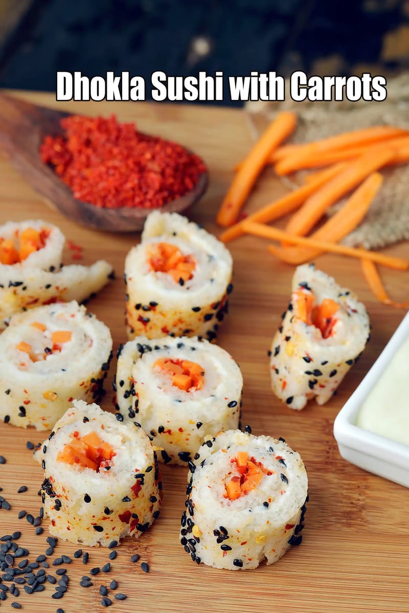 Dhokla Sushi With Carrots Recipe | Tarla Dalal