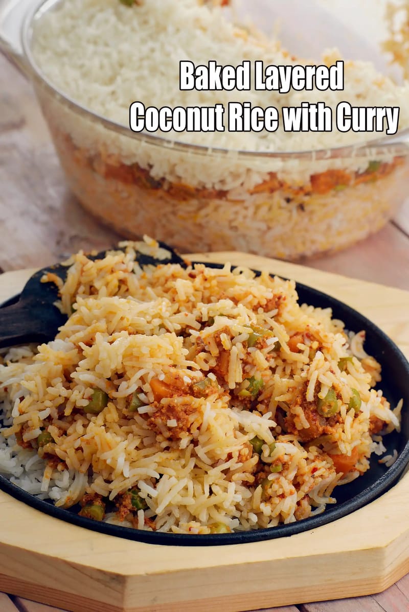 Baked Layered Coconut Rice with Curry | Jain rice | Coconut Rice with Vegetable Curry | | Tarla Dalal