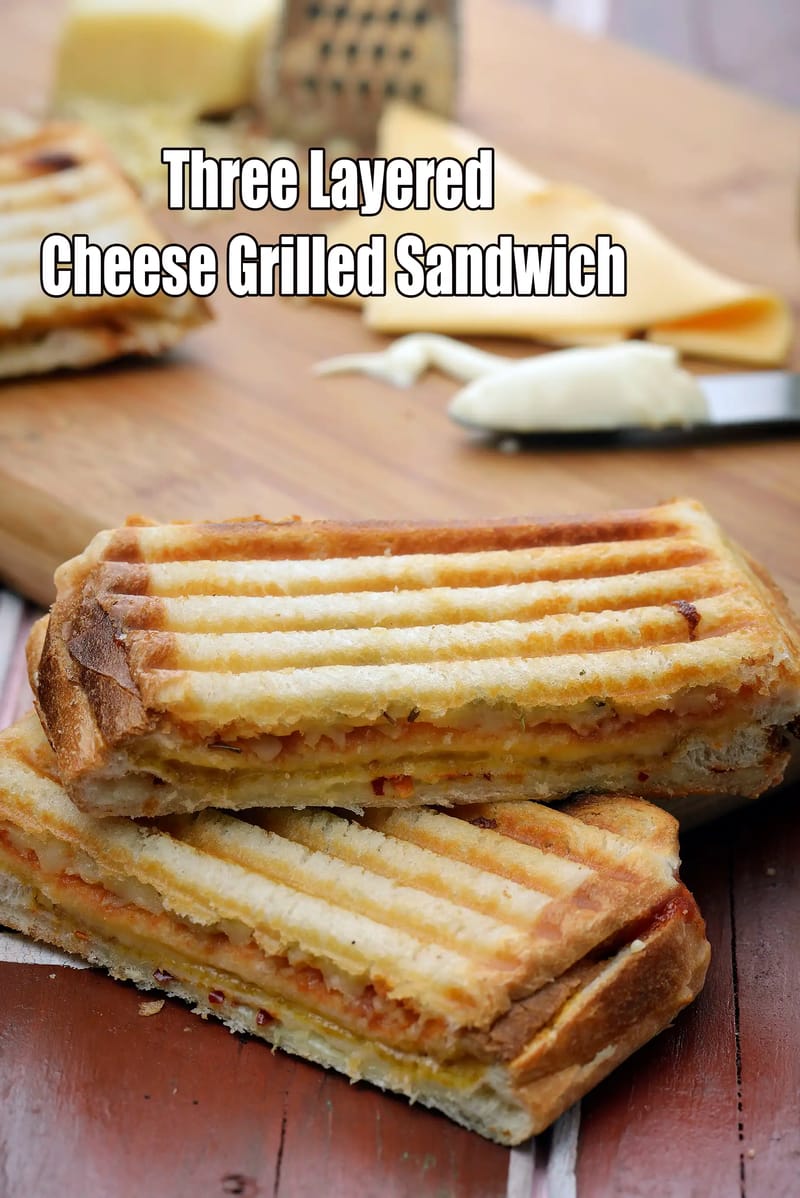 Three layered cheese grilled sandwich recipe | kids triple cheese grill sandwich | Indian style cheese grilled sandwich | | Tarla Dalal