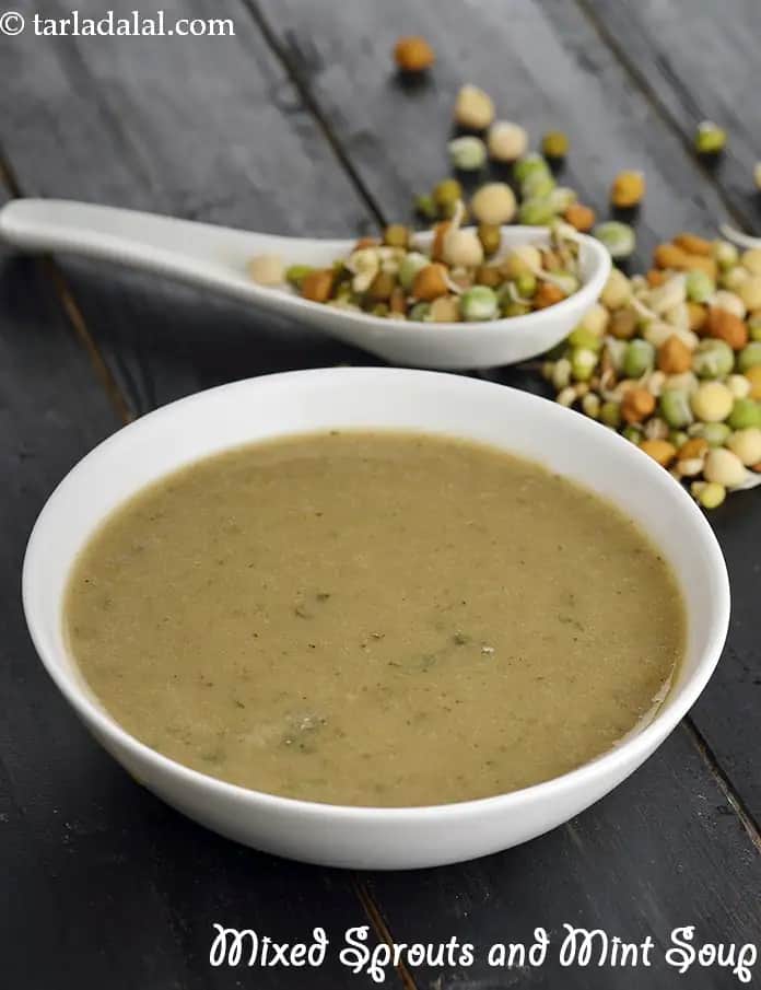 Mixed Sprouts And Mint Soup Recipe (Sprouted Bean Soup)