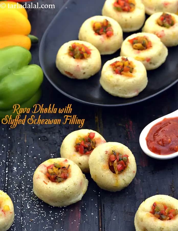 Rava Dhokla With Stuffed Schezwan Filling Recipe
