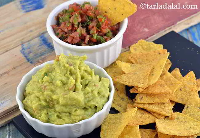 Corn Chips with Salsa and Avocado Dip, Jain Salsa