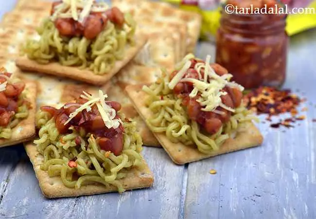 Maggi and Baked Beans On Crackers