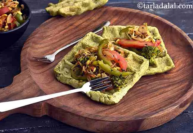 Moong Dal Waffles with Stir-fried Vegetables