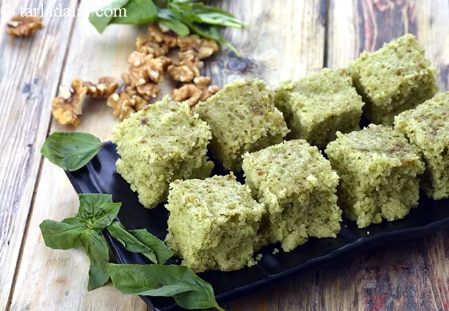 Pesto Dhokla, Basil and Walnut Rava Dhokla
