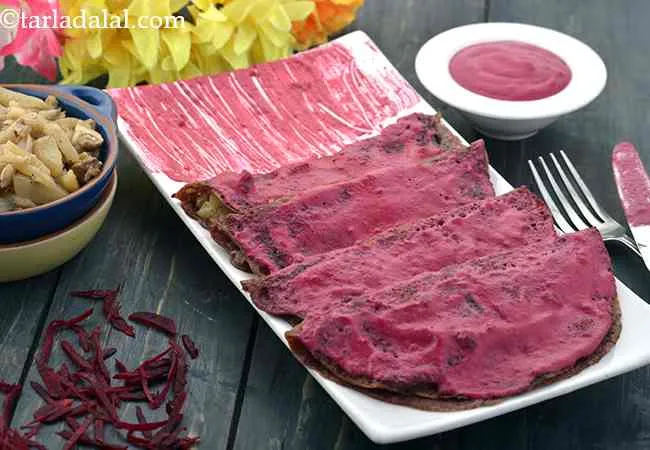 Quinoa and Ragi Pancakes with Beet Cheese Sauce