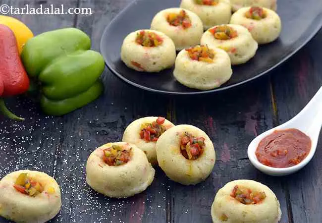 Rava Dhokla with Stuffed Schezwan Filling