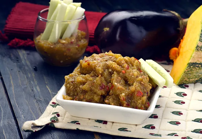  Smoked Brinjal and Pumpkin Dip with Cucumber Strips
