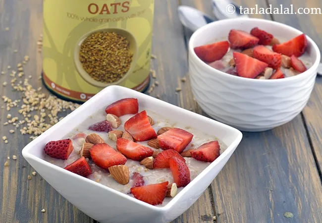 Steel Cut Oats with Strawberries and Almond Milk, Healthy Vegan Breakfast