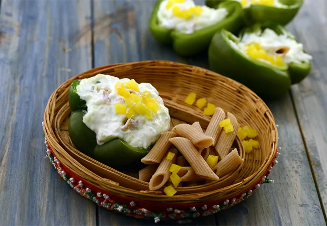  Stuffed Capsicum with Curds, Cucumber and Penne Salad