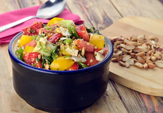Thai veg salad with peanut dressing | healthy Thai salad | celery, onions, capsicum Thai salad